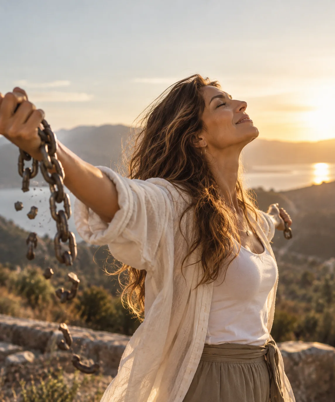 Mujer poderosa liberándose de cadenas mientras avanza hacia la luz